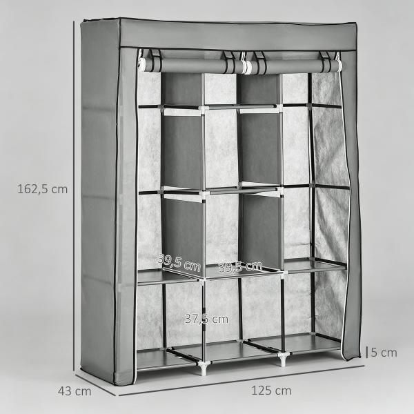 Roupeiro de Tecido Dobrável com 8 Prateleiras de Armazenamento e 2 Barras de Pendurar 125x43x162,5cm Cinza Claro