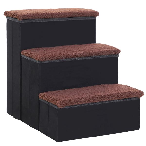 Escada para Animais de Estimação de 3 Degraus Dobrável com Tampa e Espaço de Armazenamento Escada para Cães Gatos Pequenos para Cama Sofá 40x54x48cm Preto