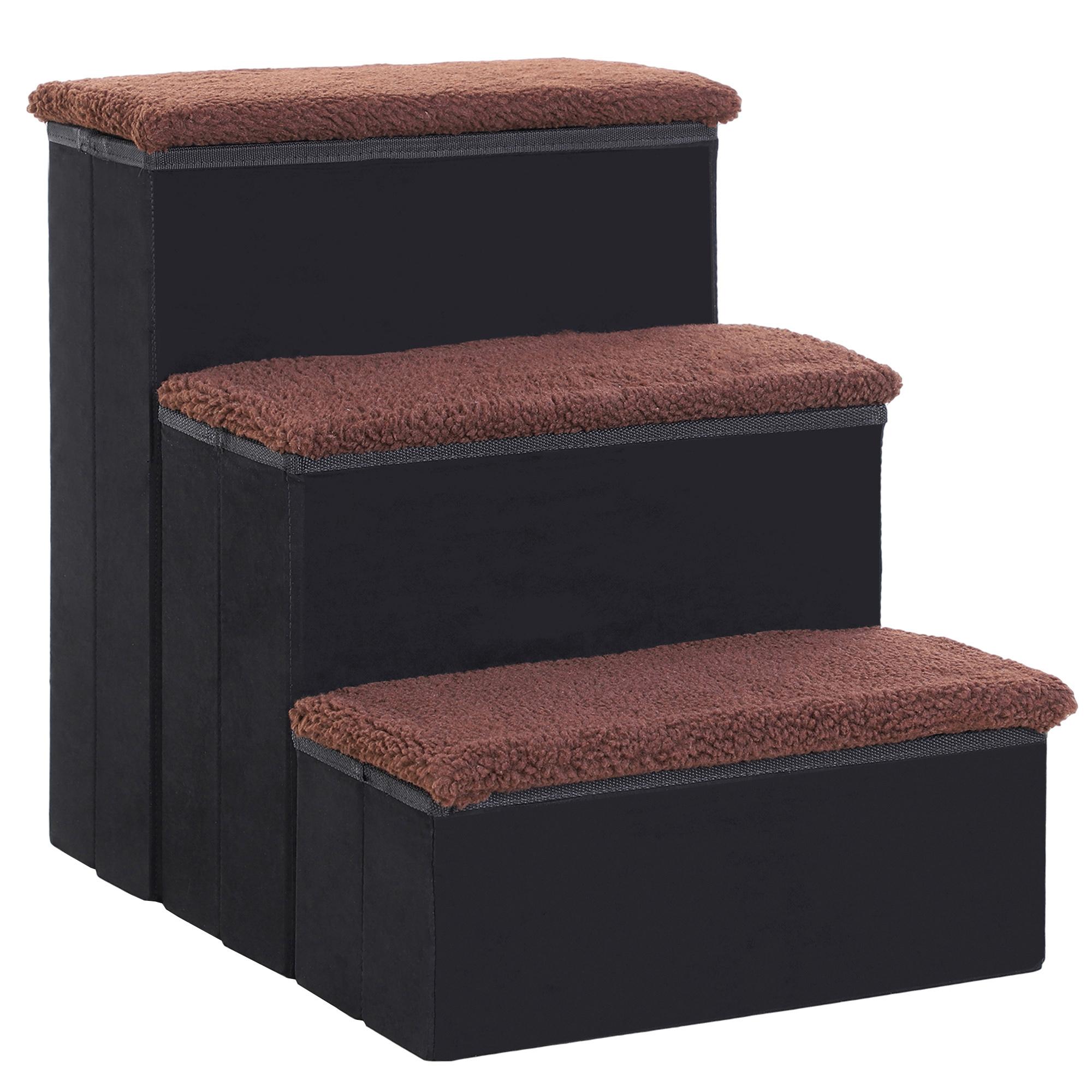 Escada para Animais de Estimação de 3 Degraus Dobrável com Tampa e Espaço de Armazenamento Escada para Cães Gatos Pequenos para Cama Sofá 40x54x48cm Preto