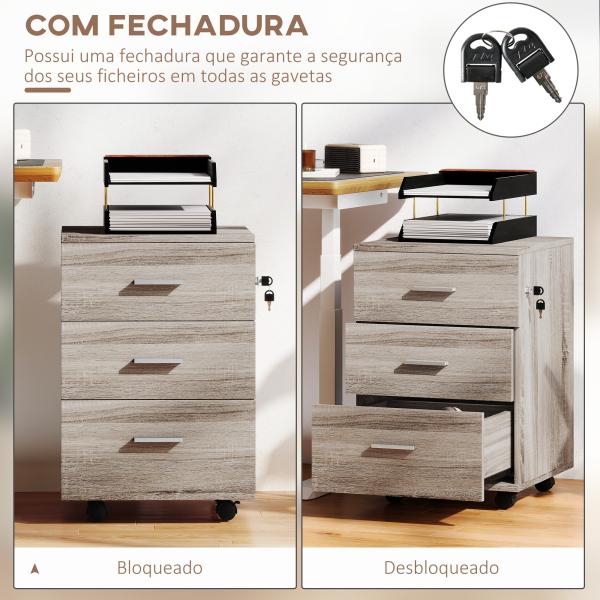 Bloco de Gavetas com 3 Gavetas Bloco de Gavetas de Escritório com Rodas Fechadura 2 Chaves Arquivado 40x40x61,5 cm Cinzento