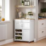 Carrinho de Cozinha com Rodas Carrinho de Cozinha com Gaveta 2 Armários de Armazenamento e 3 Prateleiras Abertas para 9 Garrafas para Sala de Jantar 67x37x87cm Branco