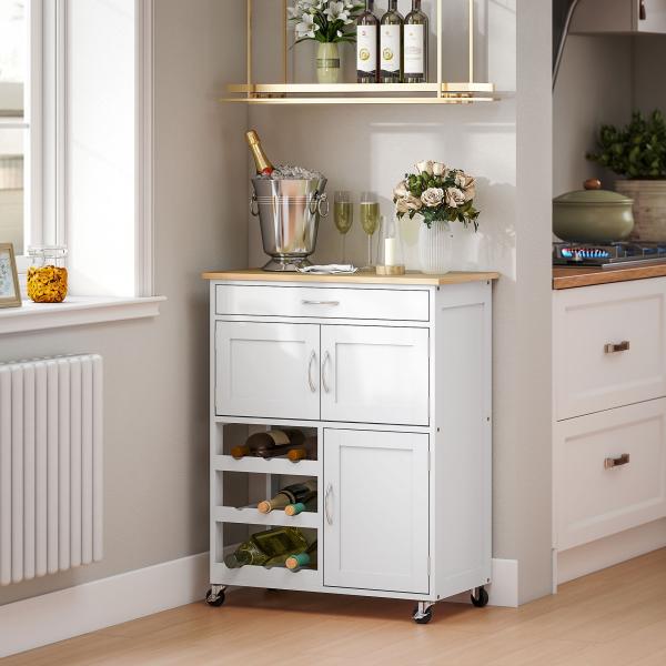 Carrinho de Cozinha com Rodas Carrinho de Cozinha com Gaveta 2 Armários de Armazenamento e 3 Prateleiras Abertas para 9 Garrafas para Sala de Jantar 67x37x87cm Branco
