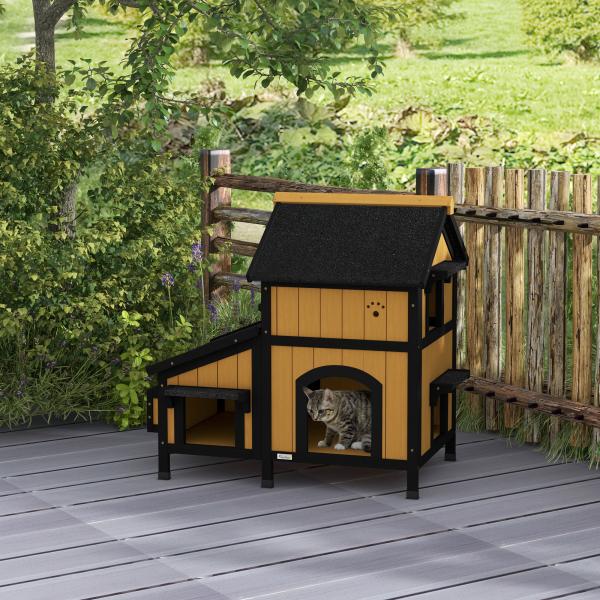 Casa para Gatos de Madeira com Suporte para Flores de 2 Níveis e Teto Asfáltico 96x65x85,5 cm Madeira e Preto