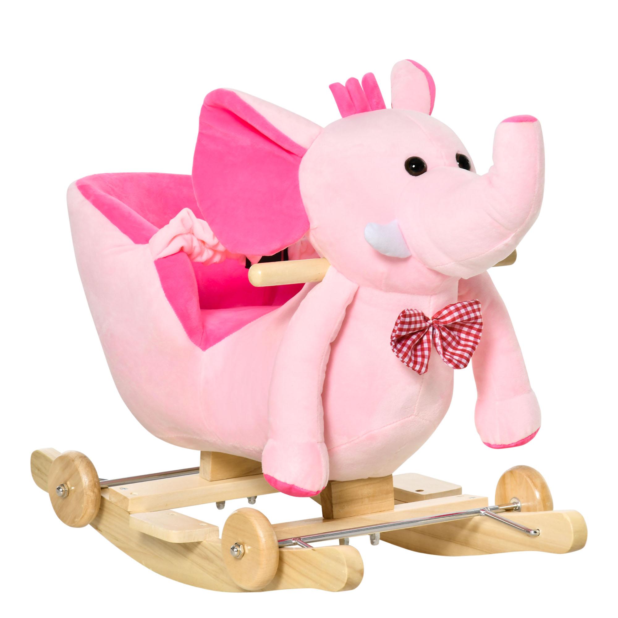 Cavalo Baloiço com Rodas e Forma de Elefante com Músicas Infantis e Cinto de Segurança 60x35x45 cm Rosa