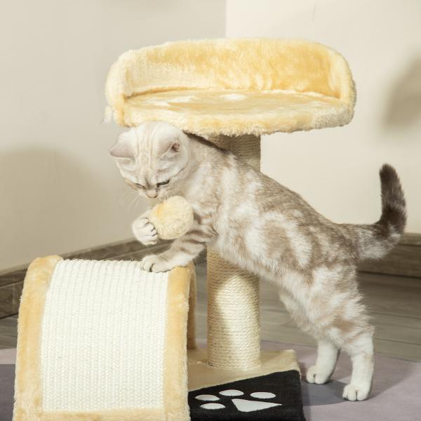Árvore Arranhador para Gatos de 2 Níveis com Poste e Tapete de Arranhar Cama e Bola Suspensa 35,5x37x46 cm Bege