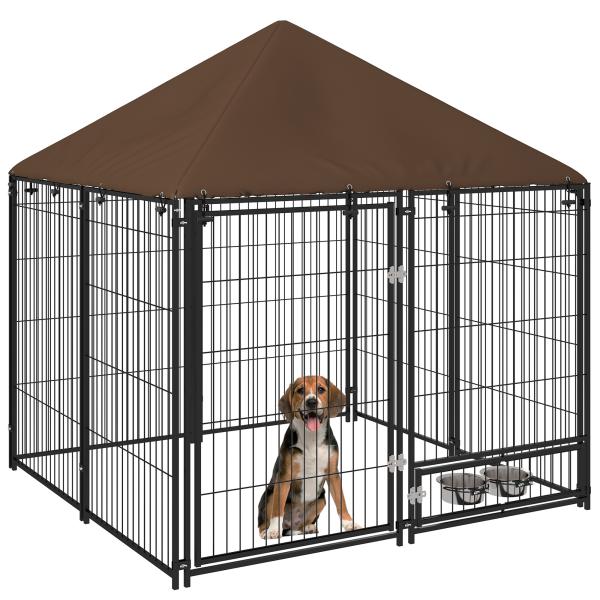Parque para Cães com Toldo com Suporte Giratório para Comida 2 Tigelas Incluídas 141x141x151 cm Preto Marrom