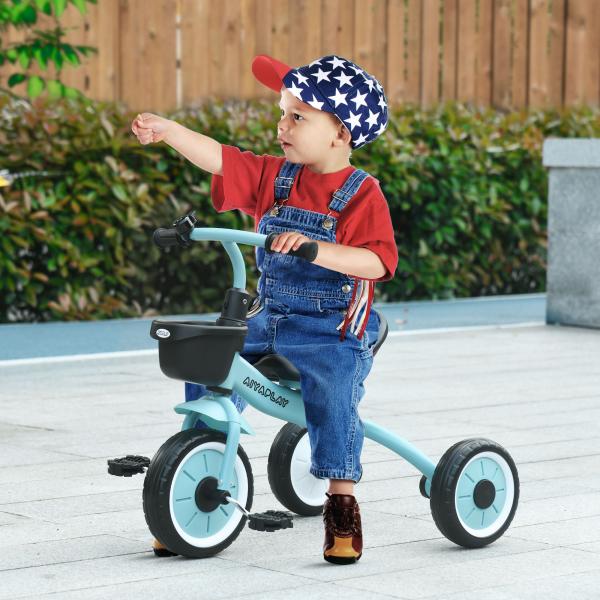 Triciclo para Crianças de 2 a 5 anos com Assento Ajustável Cesta Buzina e Pedais e 3 Rodas 70,5x53x58 cm Azul