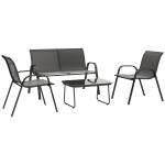 Conjunto de Jardim Exterior 4 Peças com 2 Cadeiras Empilháveis 1 Sofá de 2 Lugares e Mesa de Centro com Bancada de Vidro Temperado Preto