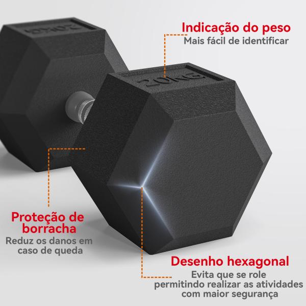 Haltere Hexagonal 20 kg de Ferro Fundido Pesos de Metal Revestidos de Borracha para Treino em Casa Ginásio 35,6x16,6x16,6 cm Preto
