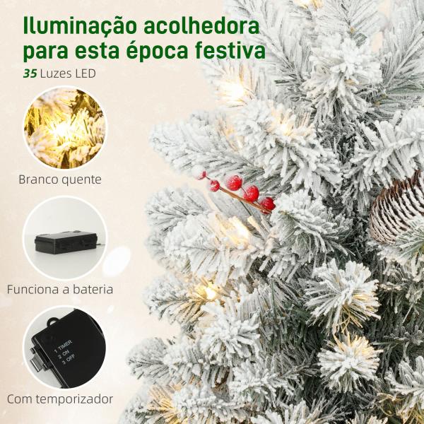 Mini Árvore de Natal Artificial com 35 Luzes LED 60 cm com 72 Ramos com Neve Pinhas Bagas e Base de Saco de Juta Ø37x60 cm Verde