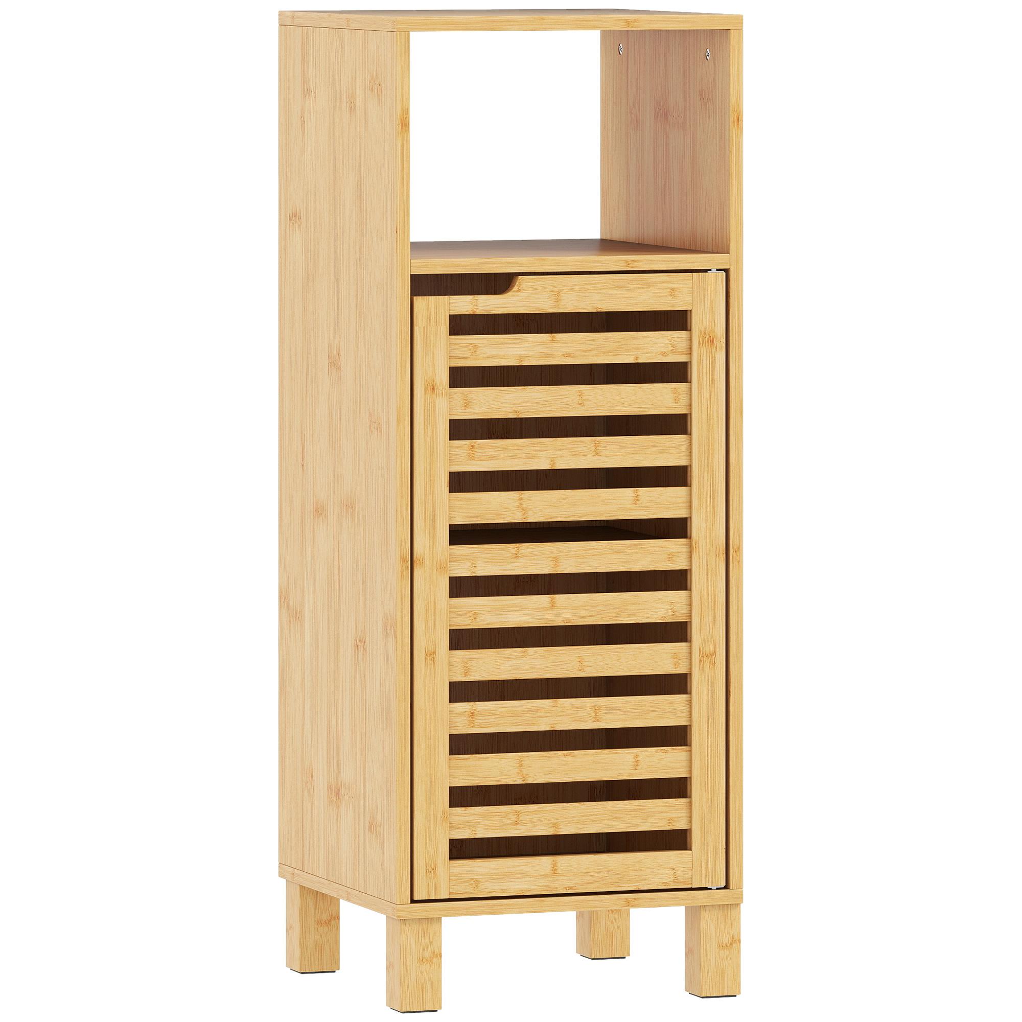 Armário de Casa de Banho Estreito Móvel Auxiliar de Casa de Banho com Porta de Ripas Prateleira Aberta 60x30x108 cm Madeira