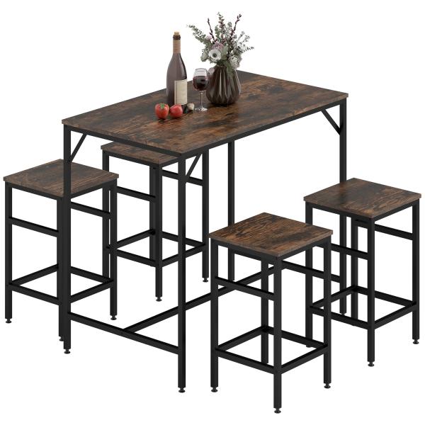 Conjunto de Mesa de Bar com 4 Bancos com Apoio para os Pés Mesa de 100x60x88cm e Bancos de 32x32x57cm Preto e Nogueira
