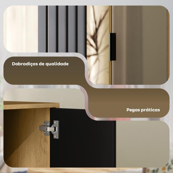 Roupeiro com Espelho e Porta Barra para Pendurar 2 Compartimentos Abertos Estilo Moderno 80x30x170 cm Madeira e Preto