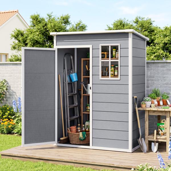 Abrigo de Jardim 1,14 m² 151x92x193 cm Abrigo de Exterior Metálico com Chão Porta de Correr Janela e Teto Inclinado Cinzento