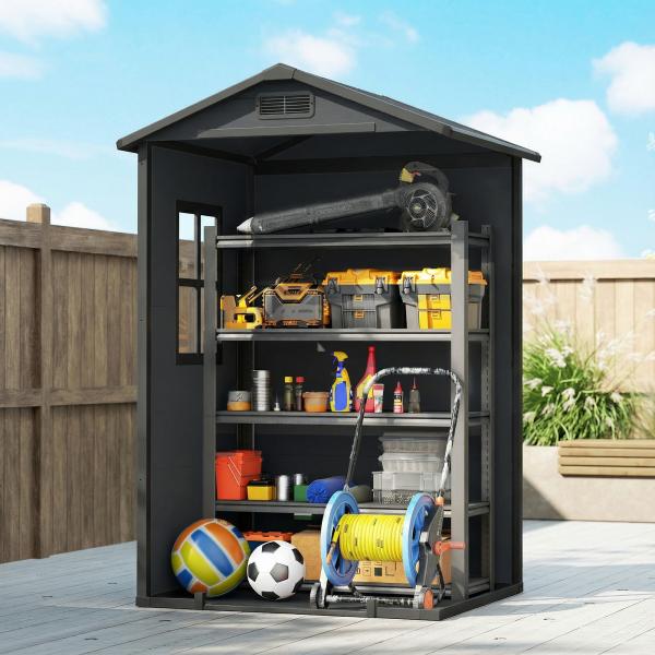Abrigo de Jardim 1,09 m² 128x104x196 cm com Base Porta com Fechadura Janela e Ventilação, Cinzento Escuro
