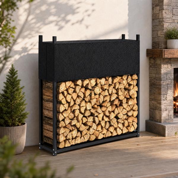 Suporte para Lenha com Cobertura Oxford 600D, Aço Galvanizado, 250 kg, Interior e Exterior, Preto