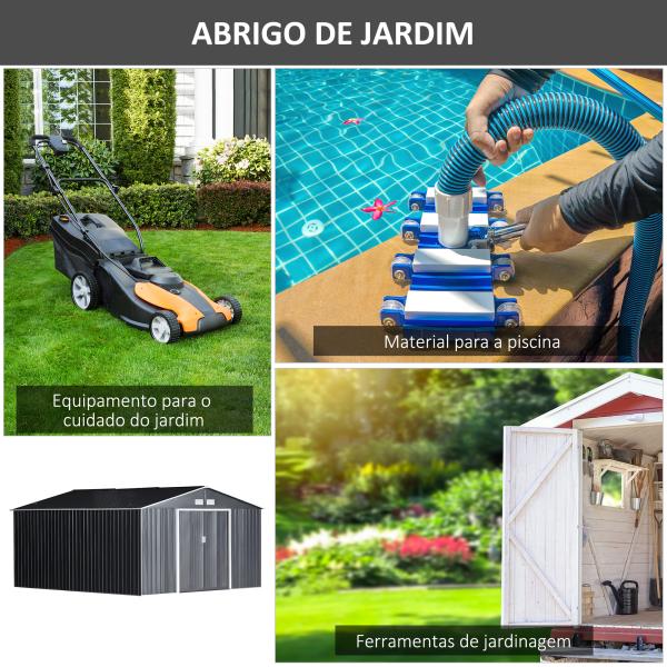 Abrigo de Jardim Metálico 340x386x200cm Abrigo de Exterior para Armazenamento de Ferramentas com Base Incluida 4 Janelas de Ventilação e Porta Corredeira Cinza