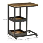 Mesa Auxiliar Industrial em Forma de C com Rodas Prateleiras Abertas e Estrutura de Aço 51x33x66 cm Marrom Escuro e Preto