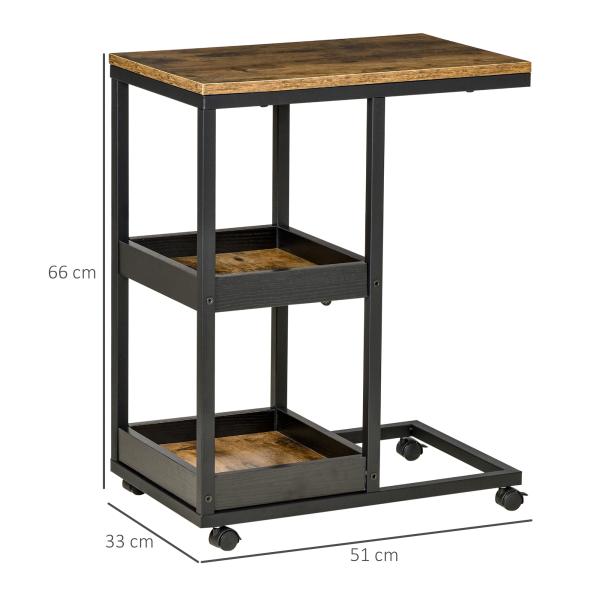 Mesa Auxiliar Industrial em Forma de C com Rodas Prateleiras Abertas e Estrutura de Aço 51x33x66 cm Marrom Escuro e Preto