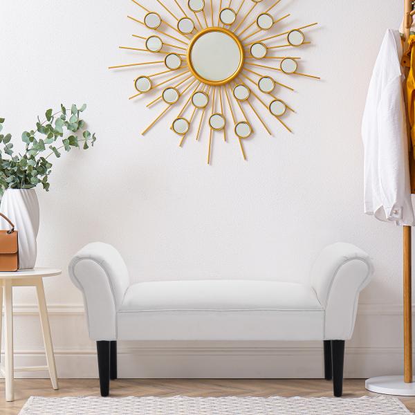 Banco de Pé de Cama Banco com Braços Curvados Estofado e Pés de Madeira Carga Máxima 130kg 102x31x51cm Branco