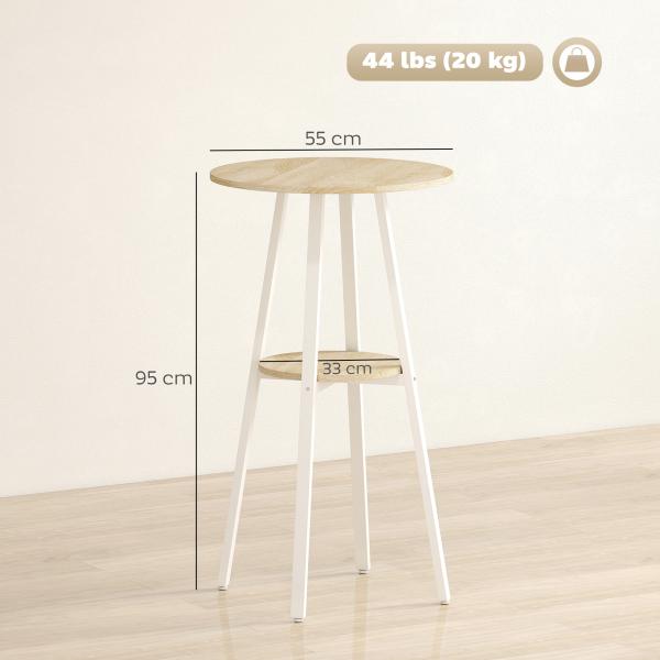 Mesa Alta de Cozinha Redonda com Prateleira de Armazenamento para 2 Pessoas com Estrutura de Metal 55x55x95 cm Madeira e Branco
