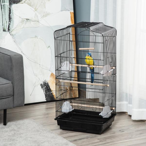 Gaiola para Passáros Gaiola de Metal com Portas 4 Comedouros 3 Poleiros Baloiço Bandeja Removível e Alça de Transporte para Papagaio Canário Periquito 46,5x35,5x92cm Preto