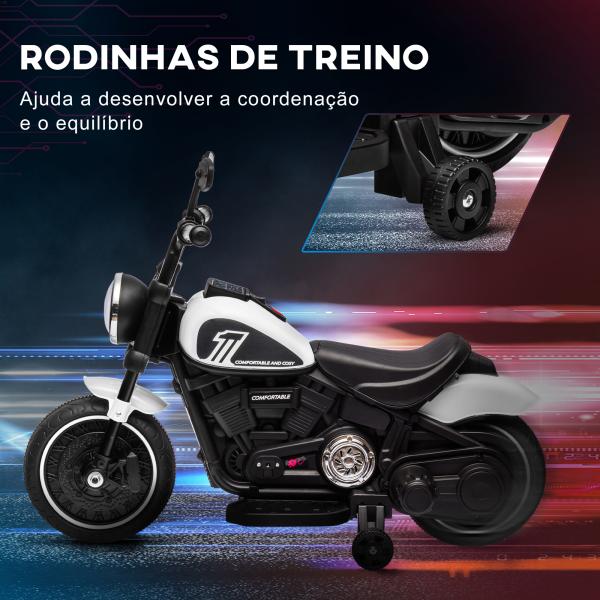 Motocicleta Elétrica para Crianças de 18 - 36 Meses com Bateria 6V Farol e Rodas Auxiliares Removíveis 76x42x57 cm Branca