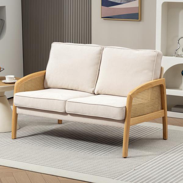 Sofá de 2 Lugares Estofado em Chenille com 2 Almofadas Laváveis e Apoio para os Braços em Vime Sintético 123x75x88 cm Bege