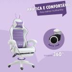 Cadeira Gaming Giratória de Couro PU com Altura Ajustável Inclinável 135° Apoio para a Cabeça 65x63x136 - 142 cm Branco e Roxo