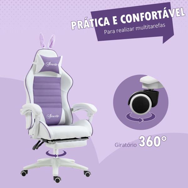 Cadeira Gaming Giratória de Couro PU com Altura Ajustável Inclinável 135° Apoio para a Cabeça 65x63x136 - 142 cm Branco e Roxo