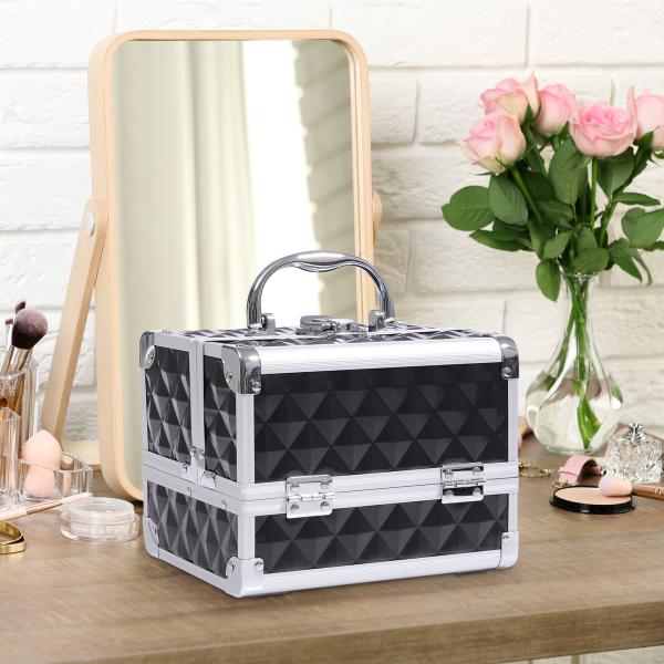 Estojo de Maquilhagem Organizador Cosméticos Profissional Portátil com Fecho e Vários Compartimentos 20x15x15 cm, Preto