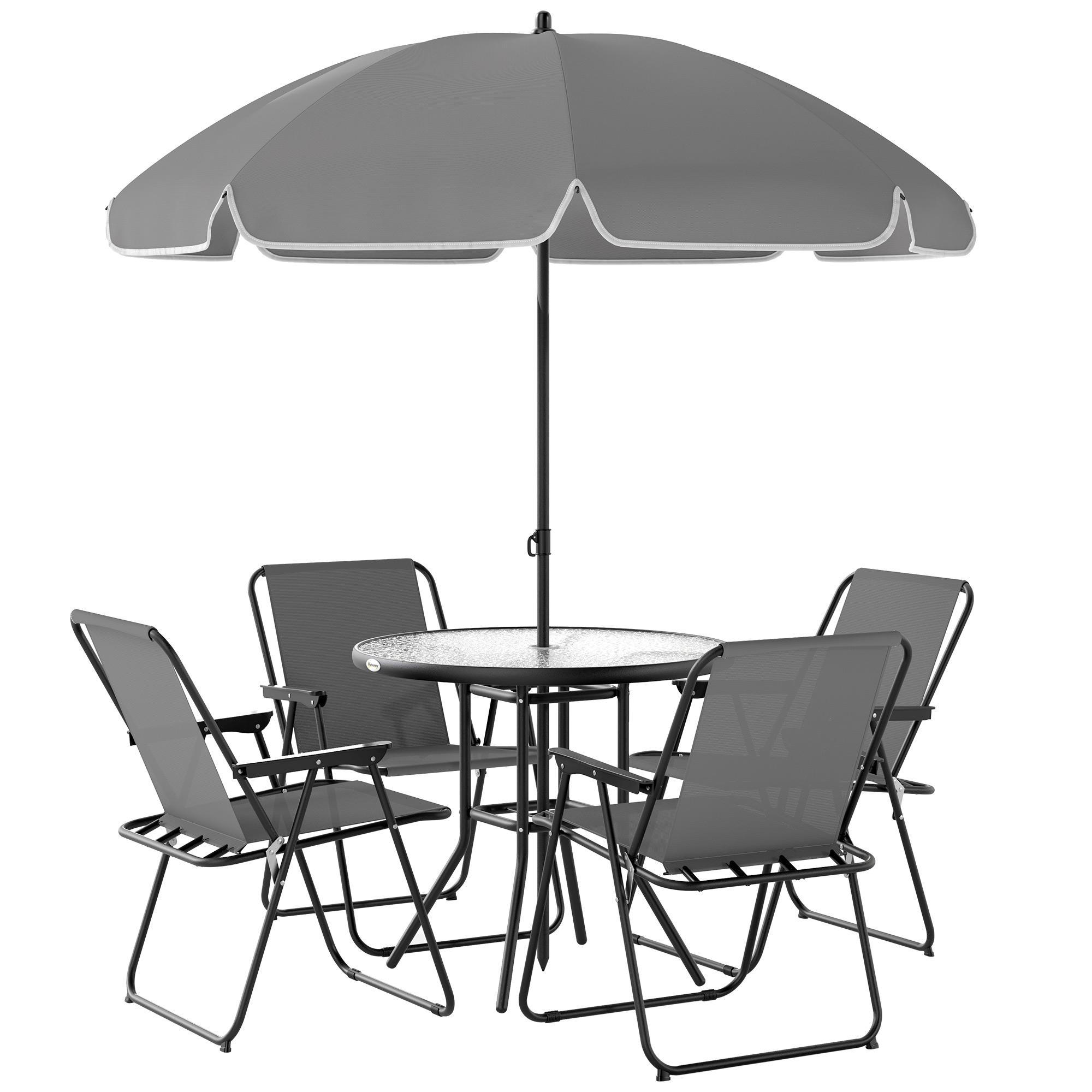 Conjunto de Mesa e Cadeiras de Jardim de 6 Peças com 4 Cadeiras Dobráveis Mesa de Vidro e Chapéu de Sol Cinzento
