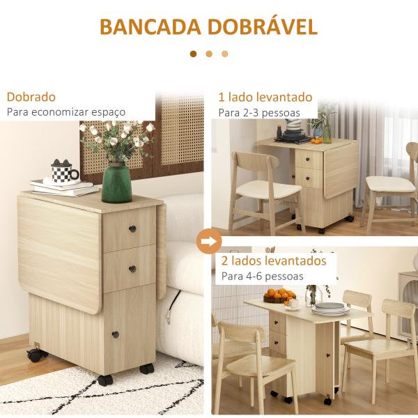 Mesa de Jantar Dobrável com Rodas Mesa Abatível com 2 Gavetas e Armário Mesa Auxiliar Multifuncional 120x60x76,5 cm Madeira