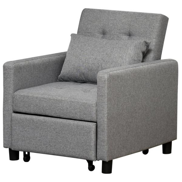 Sofá - cama Individual Poltrona com encosto reclinável Almofada removível Assento acolchoado e 4 rodas 69x82.5x84 cm Cinza