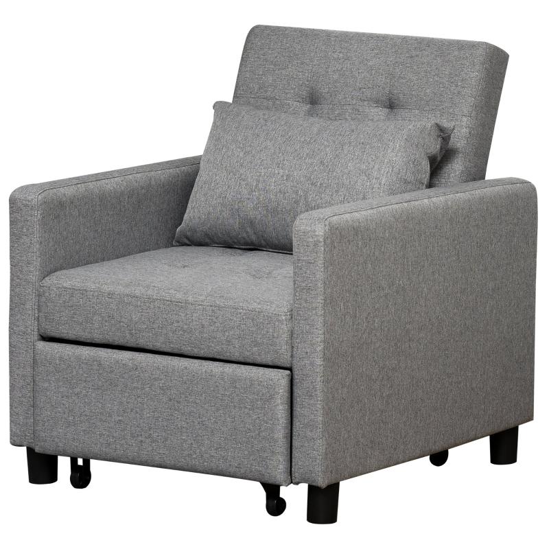 Sofá - cama Individual Poltrona com encosto reclinável Almofada removível Assento acolchoado e 4 rodas 69x82.5x84 cm Cinza