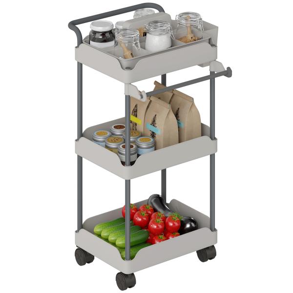 Carrinho Auxiliar com Rodas de 3 Níveis com Cestos Extraíveis Suporte para Toalhas e Estrutura de Metal 42x42,5x76 cm Cinza