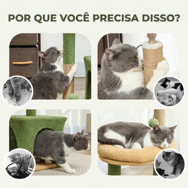 Árvore Arranhadora para Gatos 98 cm com Folhas Artificiais, Toca, Cama, Postes em Juta e 2 Bolas, Verde