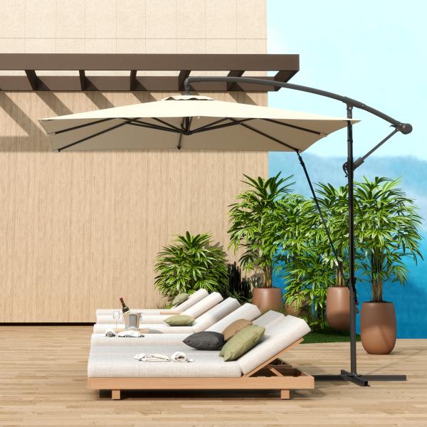 Chapéu de Sol Excêntrico 247x247 cm com Base Cruzada, Manivela, Capa Protetora e Toldo Giratório 360° 247x247x256 cm Caqui