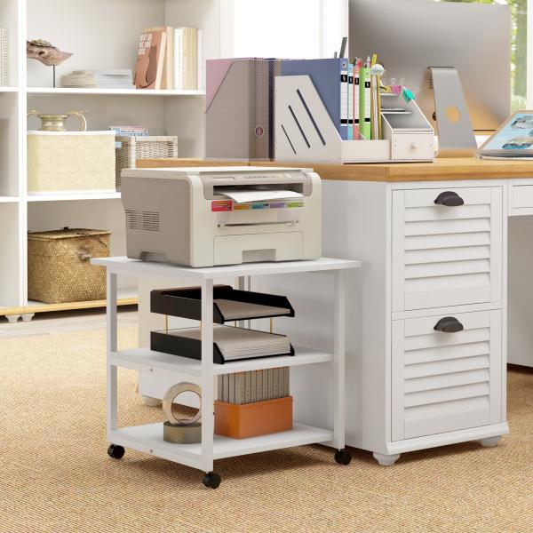 Suporte para Impressora de 3 Níveis com Rodas e Prateleiras de Arrumação 50x50x52,5 cm Branco