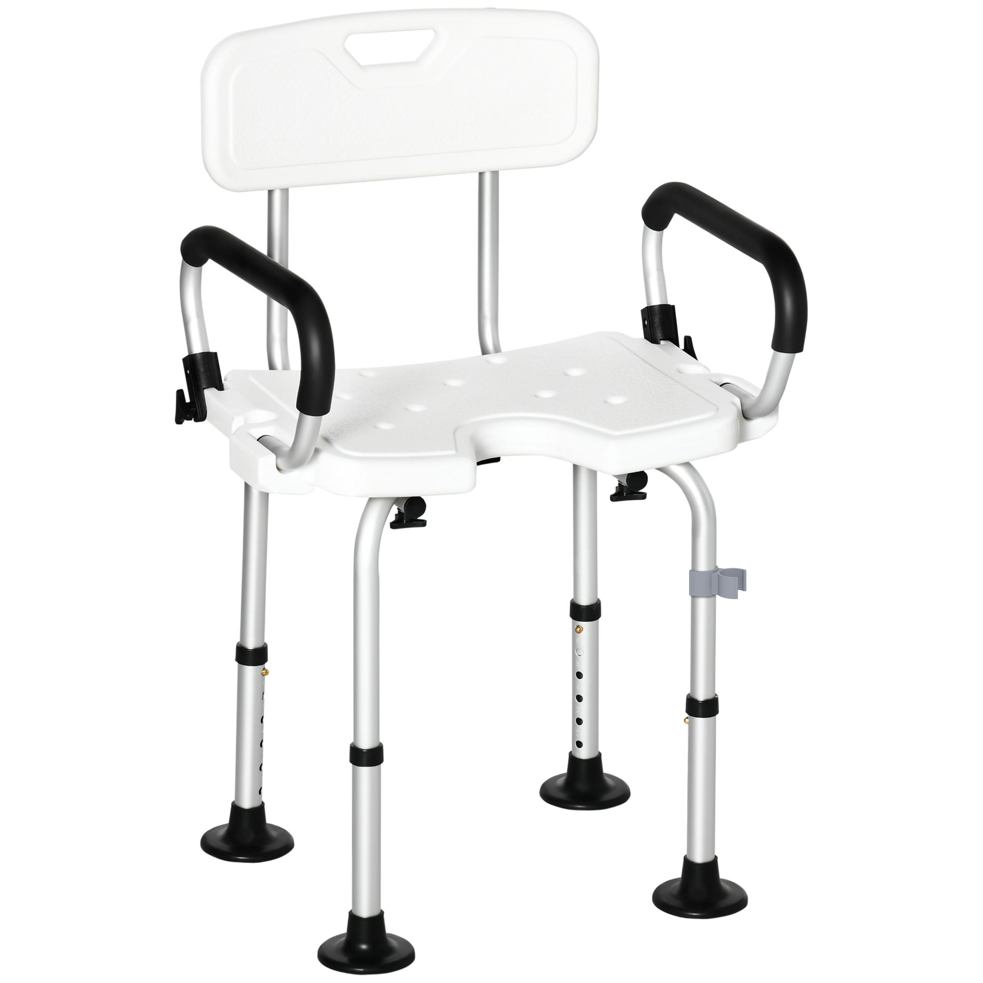 Cadeira para Duche Antiderrapante com Altura Ajustável de 6 Níveis e Apoio para os Braços Regulável 54x52x70 - 82cm Branco