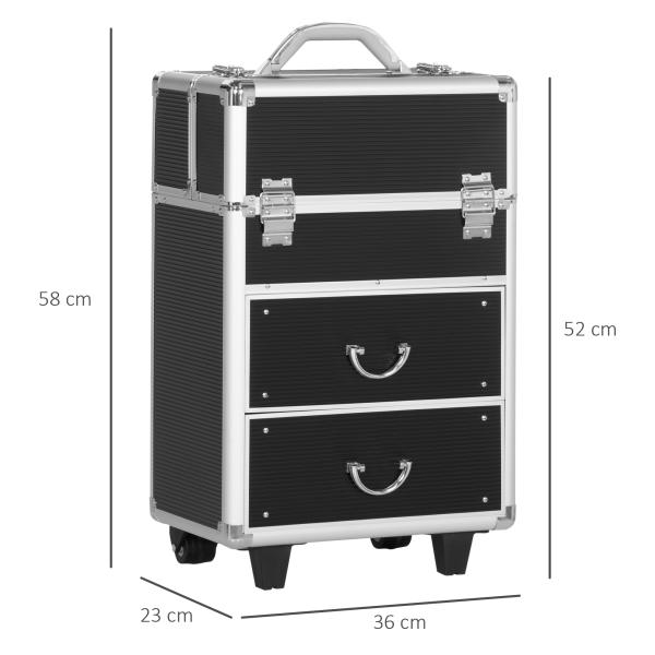 Mala de Maquilhagem Professional com Rodas 6 Gavetas Extensíveis Fechadura 2 Chaves e Alça Retrátil 36x23x58cm Preto