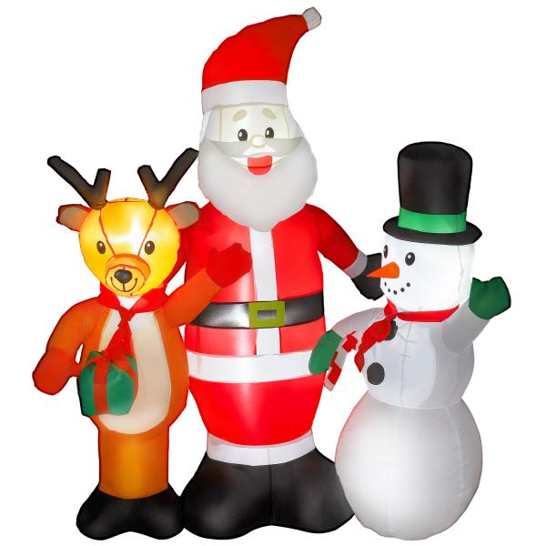 Pai Natal Insuflável com Rena e Boneco de Neve Decoração de Natal Insuflável com Luzes LED 150x45x150 cm Multicor