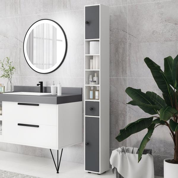 Coluna Casa de Banho Moderna com 1 Gaveta 5 Prateleiras Ajustáveis e 2 Armários 20x20x180 cm Cinza