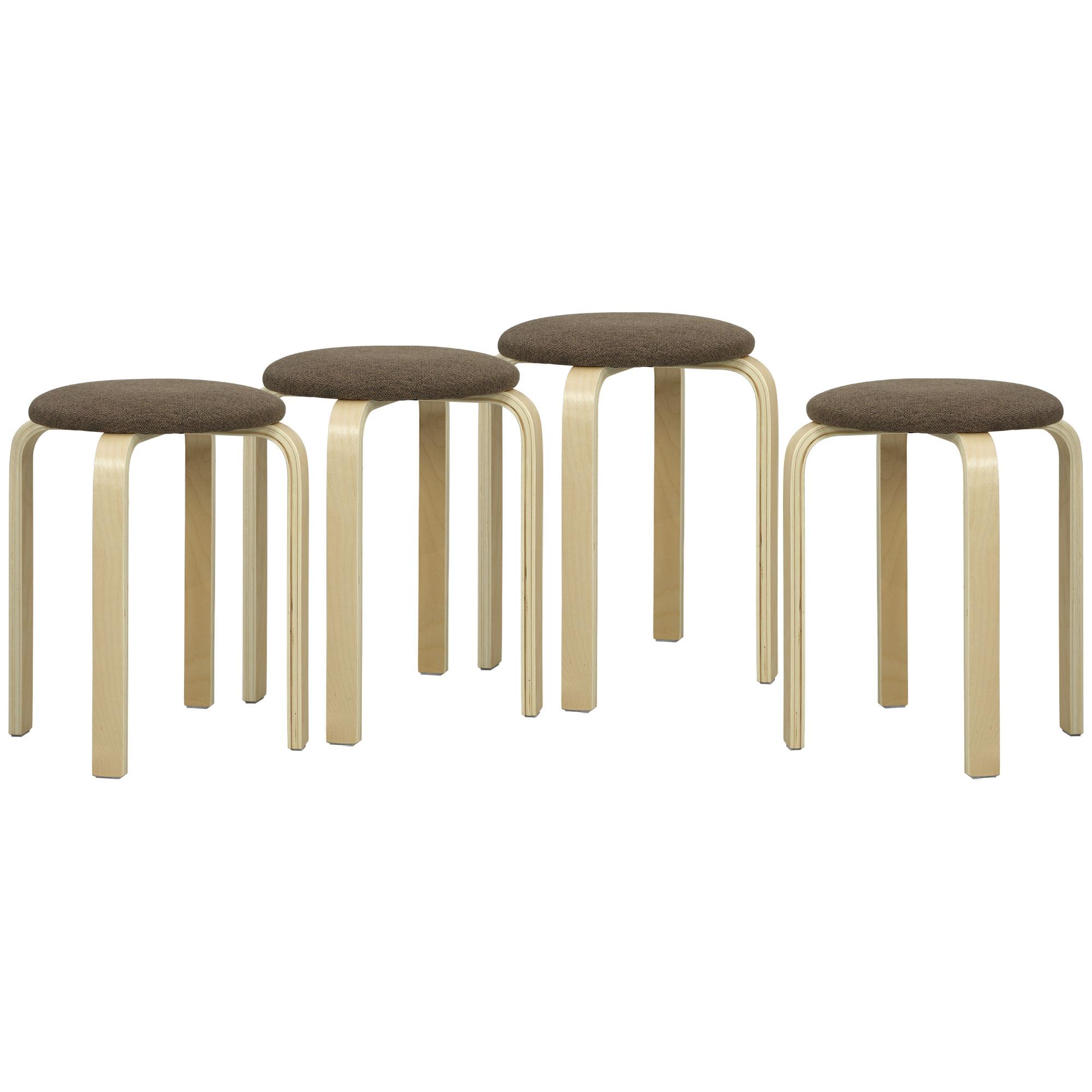 Conjunto de 4 Bancos Empilháveis Redondos Bancos Baixos de Cozinha com Assento Acolchoado Ø40x45 cm Marrom e Madeira