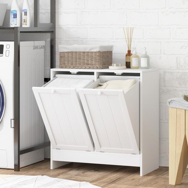 Armário de Casa de Banho com Cestos de Roupa Suja Móvel Roupa Suja com 2 Compartimentos 66x33x68 cm Branco