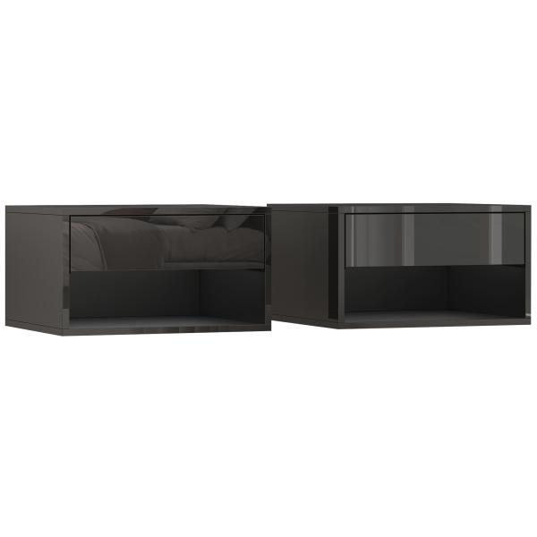 Conjunto de 2 Mesas de Cabeceira Suspensas com Gaveta Prateleira Aberta para Quarto 37x32x21 cm Preto Brilhante
