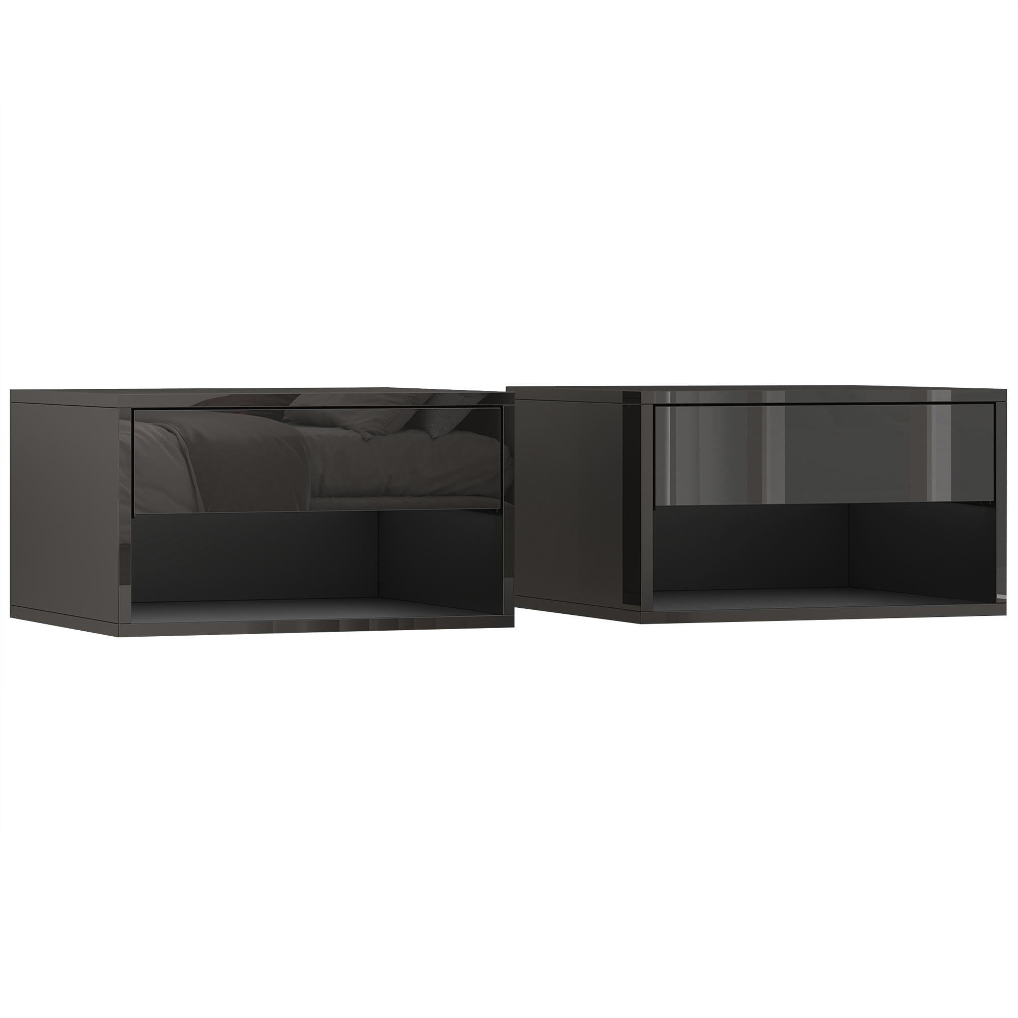 Conjunto de 2 Mesas de Cabeceira Suspensas com Gaveta Prateleira Aberta para Quarto 37x32x21 cm Preto Brilhante