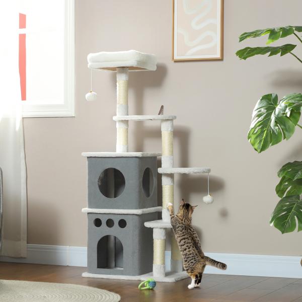 Arranhador para Gatos 126 cm com Caverna Plataformas Bolas Suspensas e Poste de Sisal 56x34x126 cm Cinza e Creme