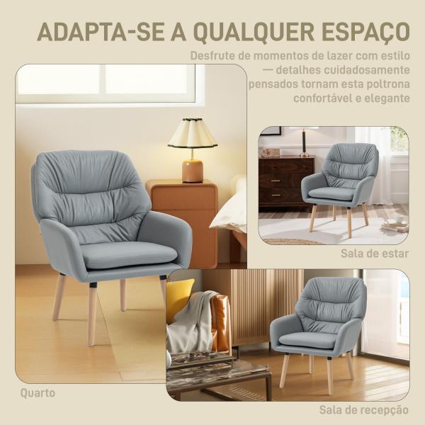 Poltrona de Sala de Estar Moderna Acolchoada de Dupla Camada Estofada em Couro Sintético Pés de Madeira 68x74x89 cm Cinza