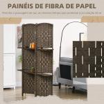 Biombo Separador de Ambientes 4 Painéis 160x170 cm com 2 Prateleiras Dobrável de Fibra de Papel Castanho